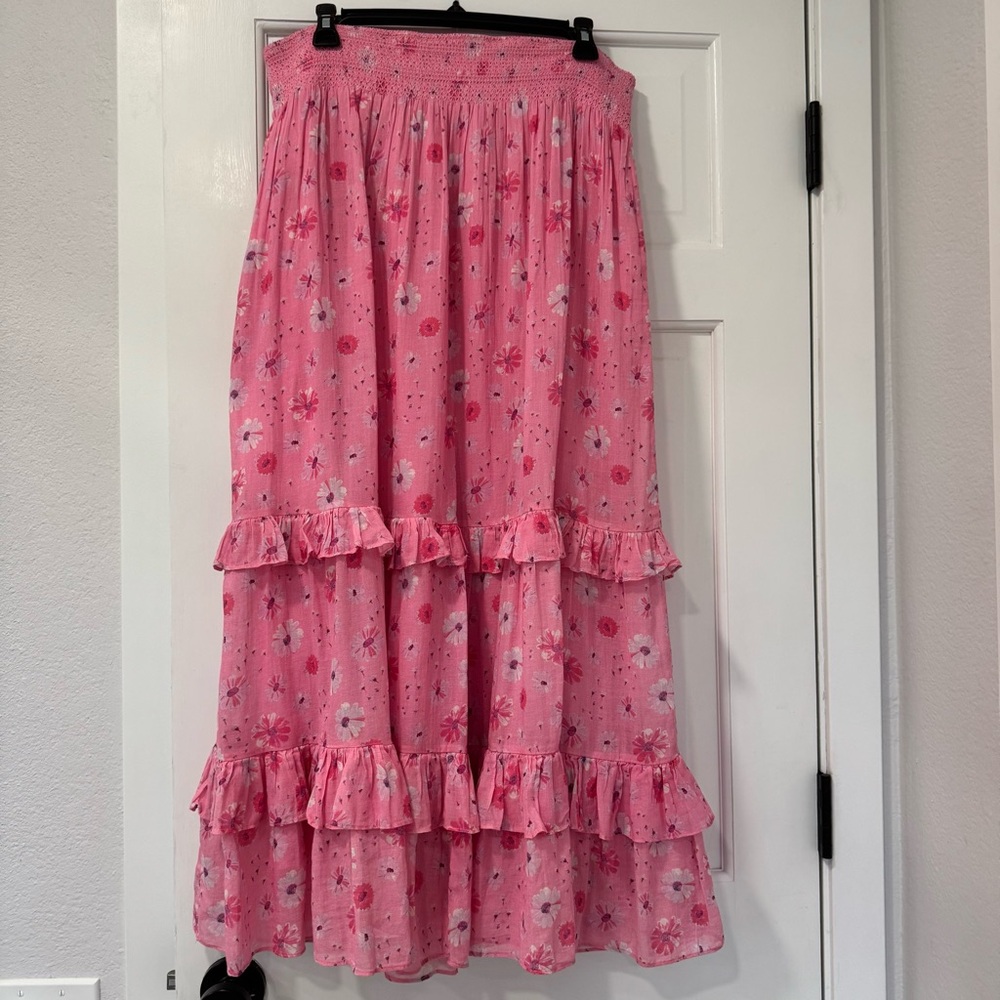 LoveShackFancy Pink Tiered Ruffled Maxi Skirt